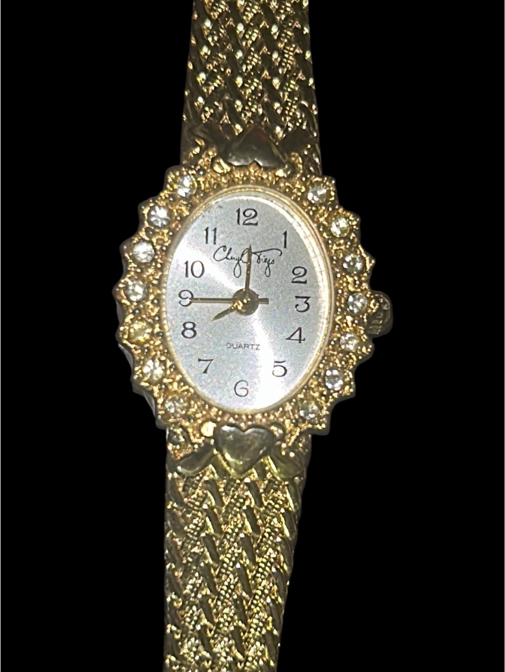 Vintage Cheryl Tiegs Oval Face Gold Tone Mesh Bracelet Style Wrist Watch